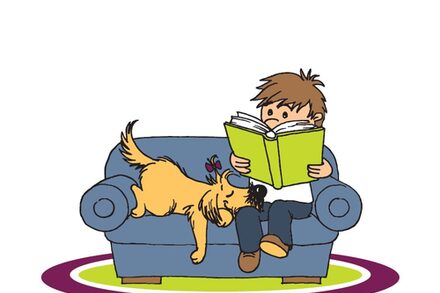 Grafik zeigt ein lesendes Kind mit einem schlafenden Hund auf einem Sofa.