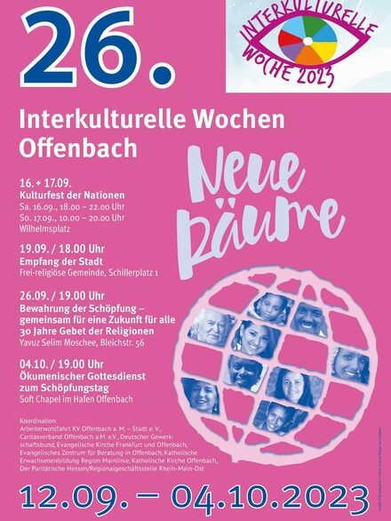Plakat mit dem Titel 26. Interkulturelle Wochen Offenbach, Neue Räume, 12.09.2023 bis 04.10.2023