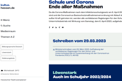 Screenshot der Webseite Schule und Corona vom hessischen Kulturministerium.