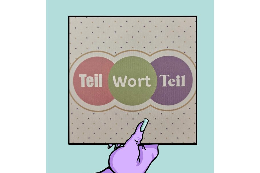 Das Bild zeigt eine Grafik zum Textspiel "Teil Wort Teil" von Agnes Meyer-Wilmes: eine lila Hand hält eine Karte mit den Worten "Teil Wort Teil".