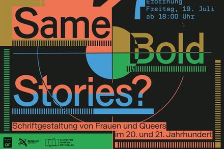 Man sieht einen Ausschnitt aus dem Plakat zur Ausstellung "Same bold stories?". Der Ausstellungstitel erscheint auf mehrfarbigem Grund.