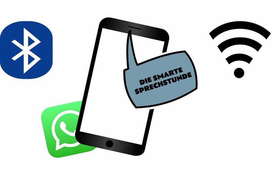 Ein Smartphone ist grafisch dargestellt. Sprechblasen wie im Comic sind zu sehen. Darin stehen die smarte Sprechstunde und digitale Symbole.