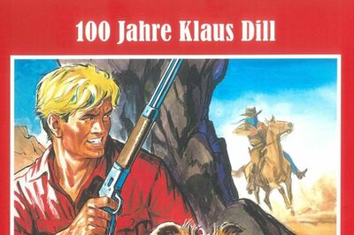 Cover des Katalogs 100 Jahre Klaus Dill mit Hund Besitzer, Besitzer mit Gewehr, maskierter Reiter im Hintergrund