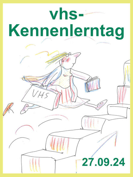 Zeichnung Mädchen rennt eine Treppe hoch mit Koffer in der Hand auf dem "vhs" steht