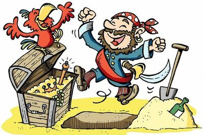 Comic: Pirat und Papagei lachen über eine gefüllte Schatztruhe