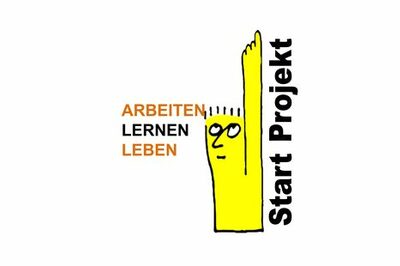 Logo mit gelber Comicfigur: Start Projekt, Arbeiten, Lernen, Leben