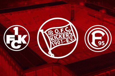 Von links: Logos des 1. FC Kaiserslautern, der Kickers Offenbach und der Fortuna Düsseldorf auf rotem Grund