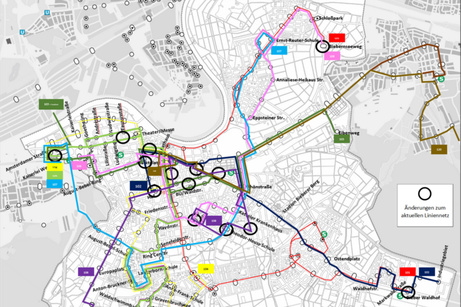 Die Graik zeigt den Verlauf der Stadtbuslinien in Offenbach ab dem 8.12.2024.
