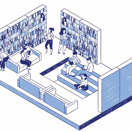 Zeichnung zeigt Menschen, die in einer Bibliothek sitzen oder an Bücherregalen stehen.